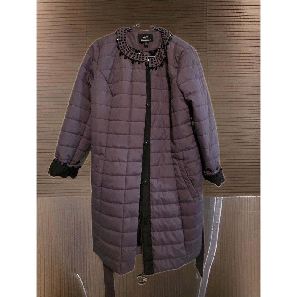 Dennis Basso Quilted Coat Black Beaded Collar Snap Belted Jacket NWT Size M